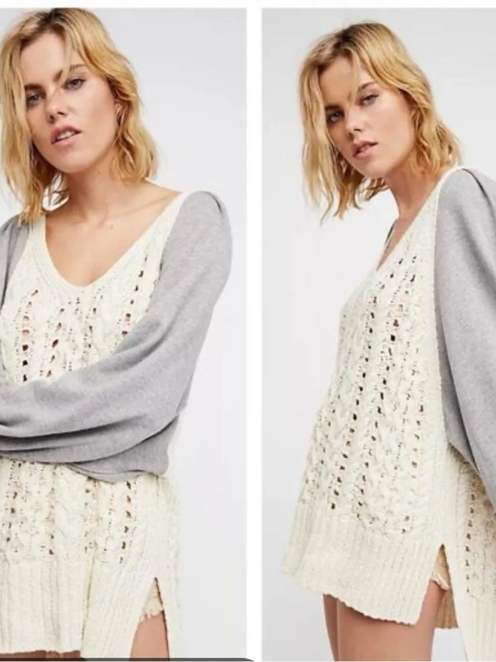 Free People Hideaway Cable Pullover Sweater Ivory Gray Oversized Small